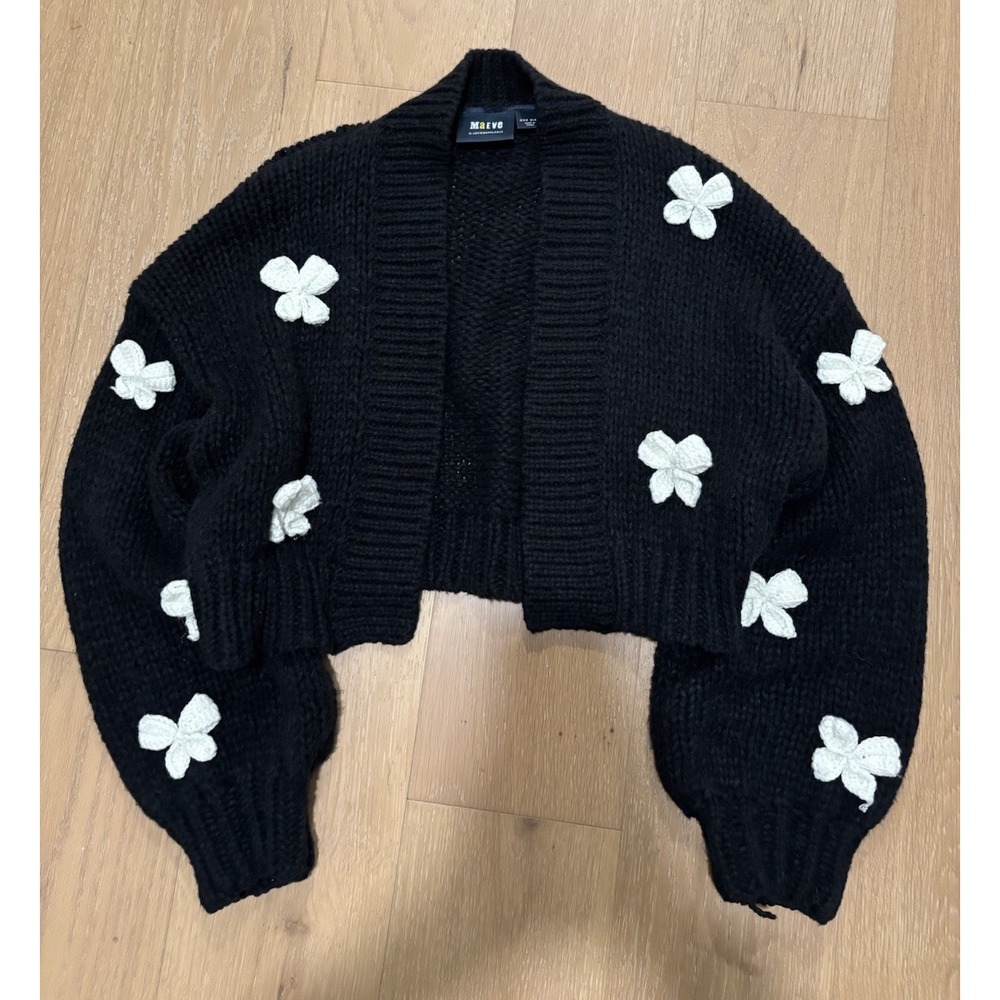 RARE Maeve Anthropologie Cardigan Sweater Black Chunky Knit 3D Bow One Size